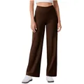 Detail shot of women's high-waisted brown yoga pants with pockets and straight leg fit - S / Bottoms / Brown