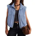 Detail view of a light blue washed denim vest featuring a functional zipper and stand collar - S / Tops / Light Blue