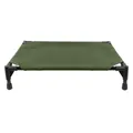 Detailed view of a green elevated pet camping bed with a sturdy black metal frame - S / Army Green