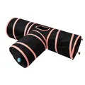 Collapsible T-shaped black cat tunnel with pink rings and a dangling blue ball toy - Black & Pink Striped T-Way Tunnel