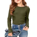 Girl wearing olive green long sleeve ribbed T-shirt with denim jeans on white background - S / Tops / Army Green