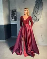 Elegant burgundy sequin V-neck evening gown with high slit and long sleeves for parties - Bright Red