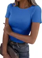 Gros plan sur le t-shirt à manches courtes côtelé bleu vif ajusté pour femme avec col rond - S / Hauts / Bleu (Manches Courtes)