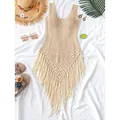 Bohemian style hand-crocheted beach swimwear cover-up with fringe hem in beige - XS / Tops / Apricot