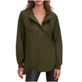 Vooraanzicht van olijfgroen dames sweatshirt met lange mouwen en geknoopte henley halslijn. - S / Tops / Legergroen