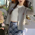 Grey cable knit cardigan featuring cute bear embroidery and elegant gold buttons - One Size / Tops / Gray