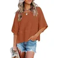 Macro view showing fabric texture and bell sleeve detail of the terracotta T-shirt - Brown