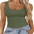 Detailed view of women's olive green square neck ribbed tank top on model. - S / Tops / Army Green