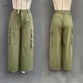 Front and back detail views of green wide-leg cargo pants with multiple pockets - Army Green