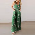 Casual green floral print wide-leg denim bib overalls with pockets for women summer 2025 - S / Set / Green