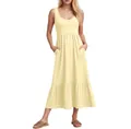 Summer sleeveless tiered maxi dress in light yellow featuring functional side pockets - S / Dresses / Beige