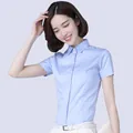 Elegant women's light blue short-sleeve button-up shirt with slim-fit professional design - 38 / Tops / Light Blue