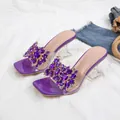 Elegante paarse strass slippers met transparante kristallen hak en vierkante neus voor dames - 38 / Paars
