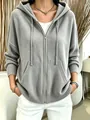Detailed view of women's gray hooded zip knit cardigan with soft texture and relaxed fit - S / Tops / Gray