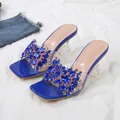 Koningsblauwe sandalen met hoge hak en strass-steentjes, transparante vierkante neus. - 38 / Blauw