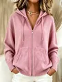 Detailed view of women's pink hooded zip-up loose knit cardigan with soft texture - S / Tops / Pink