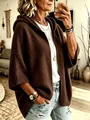 Cardigan en maille marron à capuche avec manches trois-quarts pour mode décontractée - Café
