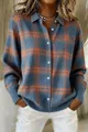 Stylish women's oversized blue and orange plaid long-sleeved lapel knit button-up cardigan sweater - S / Tops / Blue