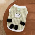 Detail view of green striped pet sweater with cute plush panda and leash D-ring attachment - S / Green Panda