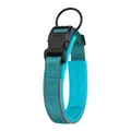 Vue détaillée d'un collier réfléchissant turquoise pour chien avec boucle noire et anneau en D - Cyan