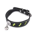 Black faux leather reflective dog collar with green bone pattern and silver bell - One Size: Neck 22-32cm / Black