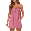 Close-up detail of women's pink V-neck sleeveless dress with decorative buttons. - Pink