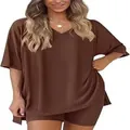 Close-up of brown two-piece lounge set with V-neck loose top and shorts - S / Top And Bottom / Dark Coffee