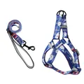 Juego de arnés y correa azul para perro con estampado de ballenas y bordes a rayas - Juego de Arnés y Correa / 1.5*120 / Estampado de Ballenas Azul Real
