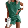 Women's 2-piece casual set with sleeveless crewneck top and matching skort in green - S / Top And Bottom / Dark Green