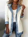 Detailed close-up view of women's white ribbed knit jacket with denim patchwork collar - 3XL / Tops / White Denim Wash