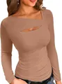 Dettaglio top marrone a maniche lunghe con scollatura asimmetrica - Taglia S / Top / Kaki