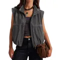 Detailed look of a women's washed grey denim vest with a zipper closure and lapel. - Black