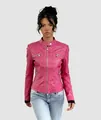 Slim fit roze imitatieleren motorjas voor dames voorzien van metalen ritssluitingen. - M / Tops / Rozerood