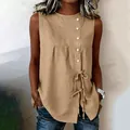 Elegante blusa informal caqui sin mangas con cuello redondo y detalles de cordones - S / Tops / Caqui