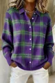 Casual women's loose purple and green plaid knit cardigan with lapel and buttons - S / Tops / Purple