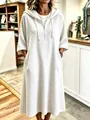 Relaxed white waffle-knit hooded maxi dress with mid-length sleeves and pockets - S / Dresses / White