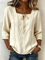 Casual beige blouse met vierkante hals, strikdetail en elegante verticale lijnprint dessin - S / Tops / Lichtgeel