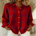 Elegant red plaid lapel knitted cardigan for women casual loose fit autumn winter sweater - S / Tops / Red