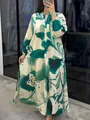 Elegant green and cream abstract print long sleeve maxi dress featuring a V-neckline - Green