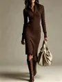 Elegant brown ribbed knit polo midi dress featuring long sleeves and a slim fit design - Coffee