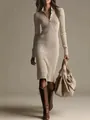 Detailed view of women's ribbed knit midi dress with polo collar and long sleeves - S / Dresses / Apricot