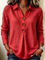 Casual solid red terracotta cotton linen long sleeve shirt with decorative buttons - M / Tops / Red