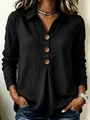 Casual black long-sleeve cotton linen blouse featuring large decorative wooden buttons. - S / Tops / Black