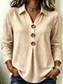 Women's solid beige long sleeve cotton linen blouse with decorative front buttons V-neck - S / Tops / Apricot