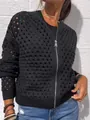 Stylish black hollow-out knit jacket for women featuring a full silver front zipper closure - S / Tops / Black
