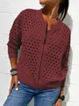Chic maroon women's casual hollow-out knitted jacket featuring a front zip closure - S / Tops / Burgundy