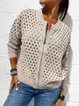 Women's stylish beige hollow-out knit cardigan with front zipper, casual autumn jacket style. - S / Tops / Apricot