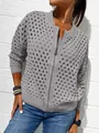Casual grey hollow-out knitted zip-up jacket for women stylish fall fashion outerwear - Light Gray