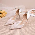 Detail of white lace mesh wedding heels with elegant heart embroidery and ankle strap - 38 / Heart Mesh Style / 8cm Heel / Ivory