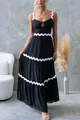 Robe longue noire élégante avec détails festonnés blancs et jupe à volants à plusieurs niveaux - S / Robes / Noir